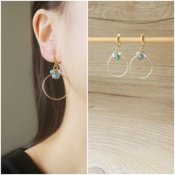 Gold circle Multi Blue gemstones hoop clip on earrings, non pierced earrings, dangle & drop earrings, Minimalist earrings, gift for her