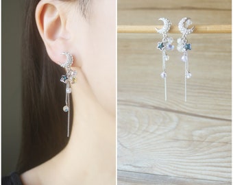 Swarovski Blue crystal star & moon stud invisible resin clip on earrings, Silver non pierced earrings, dangle and drop earrings