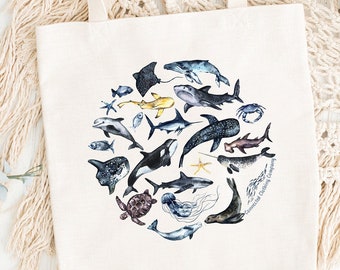 Blaue Ozean Meeresgeschöpfe Tasche | Naturschutztasche | Rettet Die Ozeane | Ocean-Liebhaber-Geschenk | Meeresbiologie | Meerestiere Tragetasche