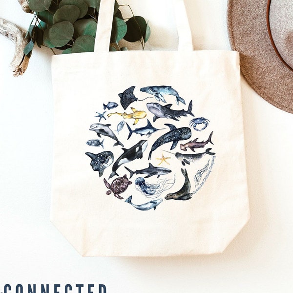 Blauwe Oceaan Zeedieren Tote | Grafische tas | Red de oceanen | Oceaan minnaar cadeau | Mariene biologie | Oceaan Dieren Tote Bag