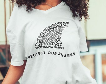 Protect Our Sharks V-Neck Tee | Shark Conservation Shirt | Save The Ocean | Shark Lover Gift | Save The Sharks Tshirt | Shark Gifts