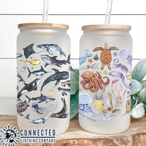 Sea Creatures Glass Can 2-PACK | Ocean Conservation Gift | Save The Oceans | Shark Week Iced Coffee Cup | Glass Cup With Lid and Straw