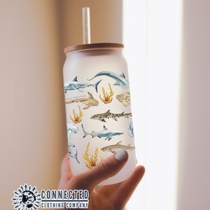 Shark Watercolor Glass Can | Shark Conservation Gift | Save The Sharks | Shark Week Iced Coffee Cup | Glass Cup With Lid and Straw