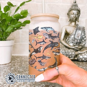 Blue Ocean Sea Creatures Glass Can | Marine Biology Gift | Save The Sharks | Ocean Animals Iced Coffee Cup | Glass Cup With Lid and Straw