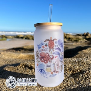 Ocean Sea Creatures Glass Can | Conservation Turtle Gift | Save The Oceans | Marine Biology Iced Coffee Cup | Glass Cup With Lid and Straw