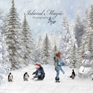 Penguins with Snowman - Winter Forest Digital Background With Snow Overlay