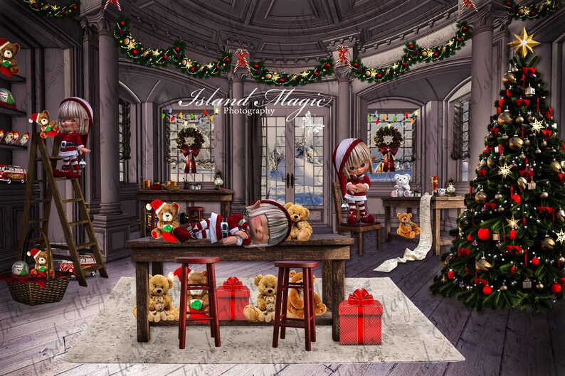 Santa's Workshop Christmas digital backdrop / background | Etsy