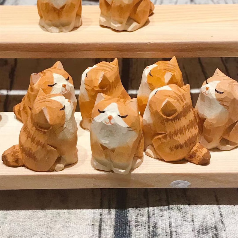 Hand Carved Painted Orange Cat Figurine | Cat Lovers Gift | DIY Cat | Custom Cat | Cat with Bell | Wooden Animal | Home Decor | Gift for her