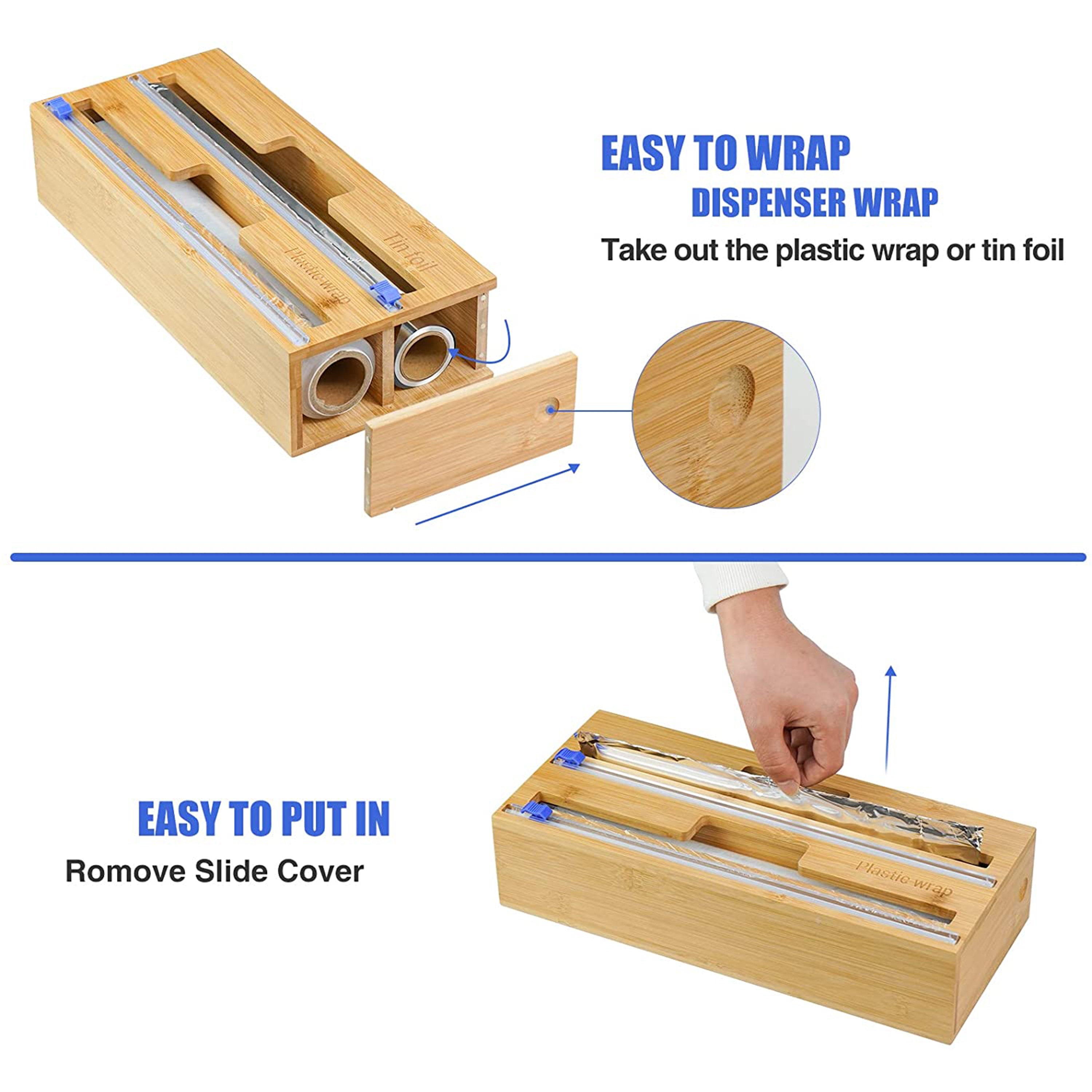 Plastic Wrap Dispenser, Bamboo Wood Cling Food Wrap Dispenser, with Slide  Cutter & A Roll of 11.5 x300 ft BPA Free Plastic Wrap, Reusable & Sturdy