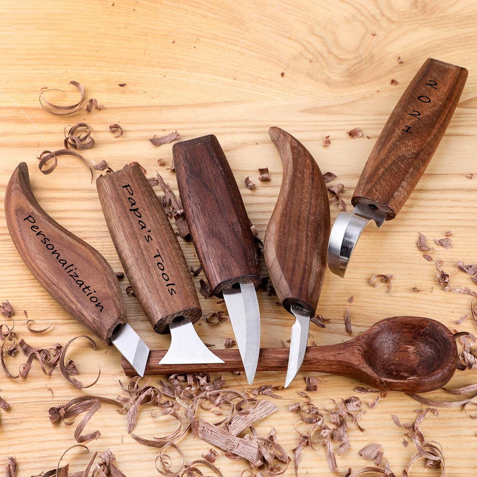 Three Wood Handled Carving, Whittling Knives With Leather Sheath's 