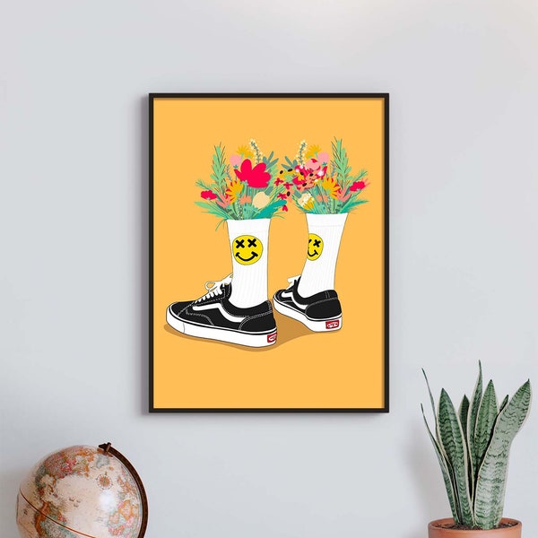 Poster sneakers, affiche skate, décoration streetwear, basket de sport, fleur