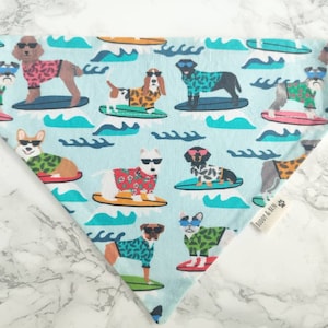 Surfs Pup! Surfing Dogs Dog bandana - coastal seaside dog bandana over the collar