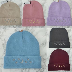 Moon and stars embroidered beanie hat