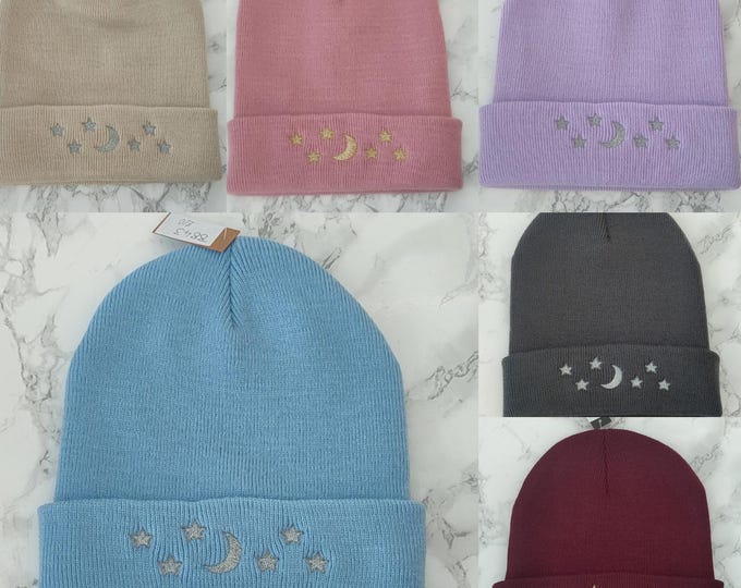 Featured listing image: Moon and stars embroidered beanie hat