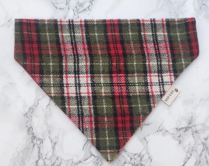 Featured listing image: Red, green and white tweed style Dog Bandana - over the collar