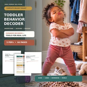 May include: A digital toolkit titled Toddler Behavior Decoder, featuring 5 PDFs and 64 pages. The set includes a guide, cards, a workbook, and mobile access. The text reads Small Moment Big Lesson, Complete Deluxe Toolkit, Understand, Respond, Prevent.