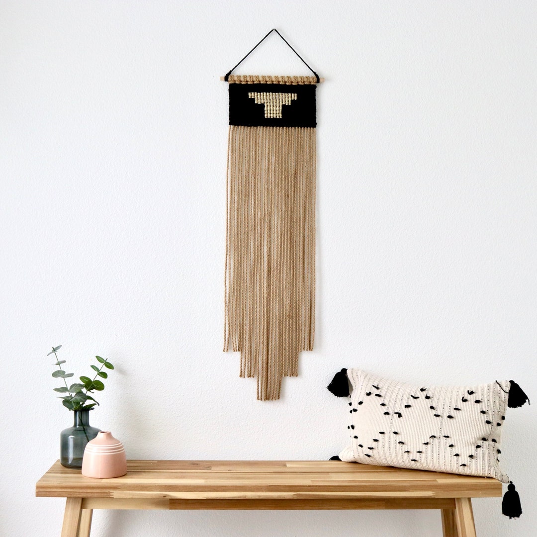 Long Macrame Boho Jute Wall Hanging, Rustic Woven Tapestry, Long Earthy