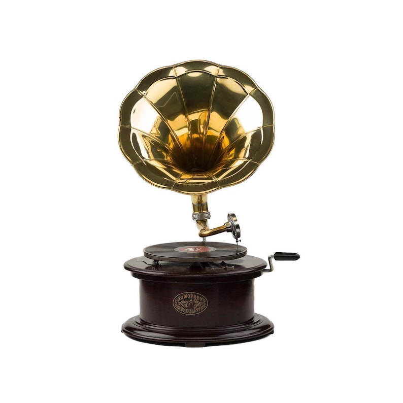 Replica Gramophone Player 78 rpm Round phonograph Brass Horn HMV Vintage Wind up
