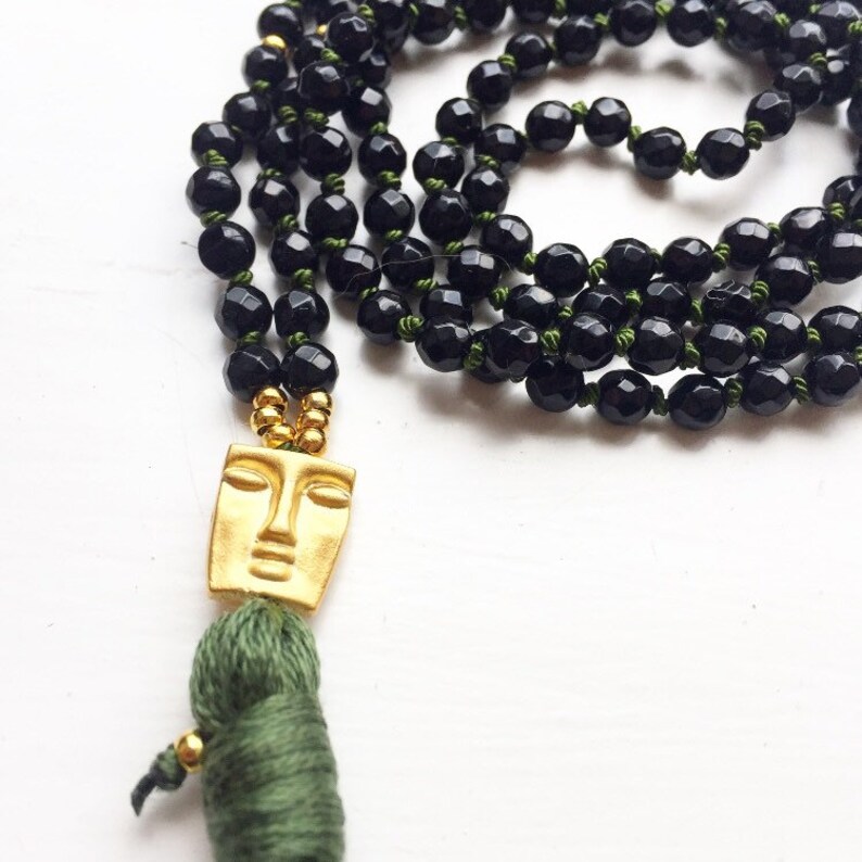 Mala Necklace Fair Trade Natural Black Faceted Agate Beads Gold Plated