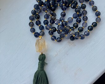 108 Mala | fairtrade Lolite beads/gemstones | citrine guru bead and green tassel