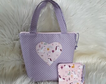 Kindertasche, Kindertasche + Mini Geldbeutel, Shopping Bag, Mädchentasche, Kindertasche Einhorn, Stofftasche, Mädchentasche Einhorn