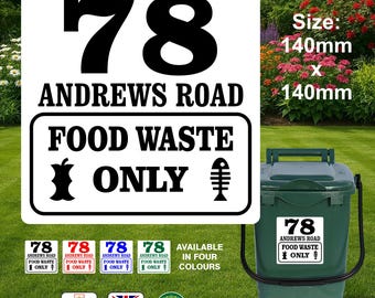 2 Food Waste Caddy Stickers Personalised With Your House Number & Road Name or House Name - Waterproof Printed Vinyl - Choose from 4 Colours