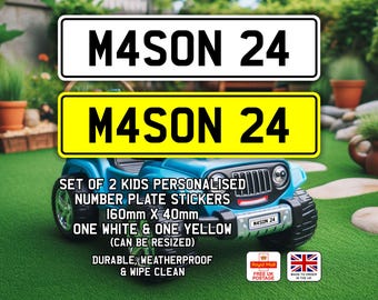 2 Number Plate Stickers For Kids Ride-On Cars & Toys - Personalised - Waterproof Vinyl - No Flag