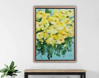 Abstract floral painting , Abstract canvas art , Blue and yellow wall art ,  Floral oil painting , Canvas art , Abstract flowers painting