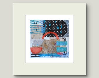 Pintura de collage abstracto, arte contemporáneo en técnica mixta (30 x 30 cm)