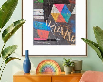 Abstract Mixed Media Painting on Paper, Modern Colorful Artwork (70x50cm)
