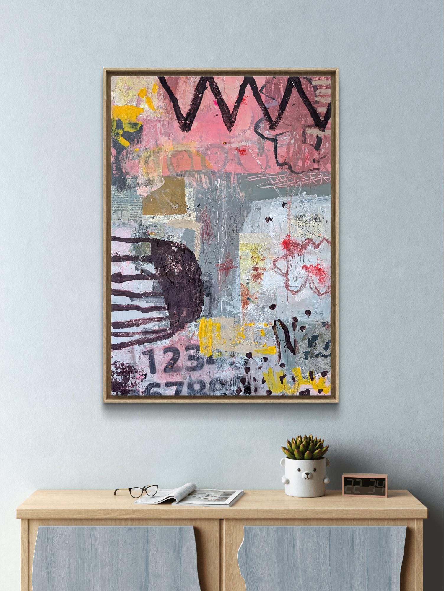 紙に描かれた抽象的なミクストメディア絵画、モダンでカラフルなアート