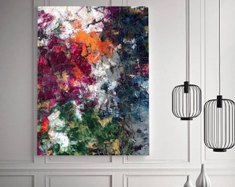 May include: Abstract painting with bold strokes of red, orange, green, blue, and white paint. The painting has a textured surface and a modern style.