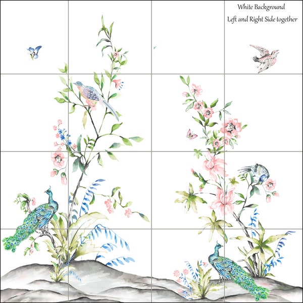 1920 - 1 Chinoiserie II Tile Mural - White - Satin White  6x6 8x8 single deco or 6x12 8x16 12x24 16x32 18x36 24x48 mural- Decorative Tiles