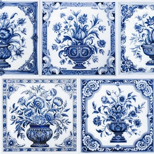 Série Deflt Blue 4 - 5 vases bleus delft différents sur un carreau blanc mat satiné de 6 x 6 ou 4,25 x 4,25 po.  Carrelage décoratif, carreau d&#39;accent, carreau de Delft