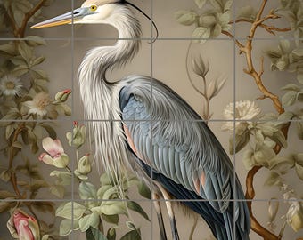 1946 - Heron Serenity - 36x30 30x24 24x18 18x12 -Satin Matte - Heron Tile Mural - Bird Tile - Tile Art - Feature Wall Mural