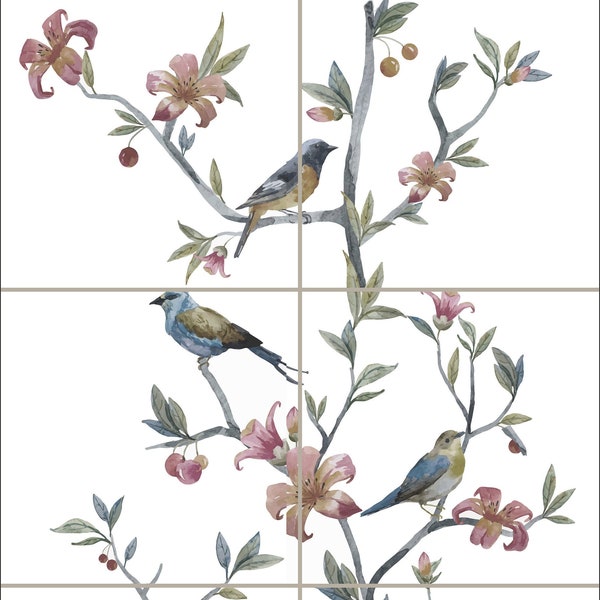 1807-Bird Tree -12x18 18x24 24x30 -6"x6"  Bright White or Biscuit (cream) Gloss or Matte  - tile-Bird Mural, Tile Mural, decorative Tile,