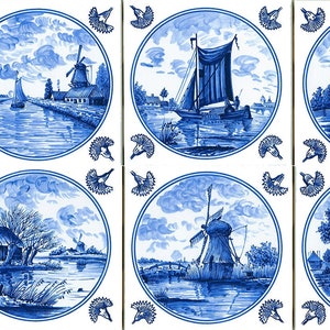 1925 - Delt Blue 6pc set - 6x6   4.25x4.25 White Gloss  Delft Blue Tile, deft blue windmill, delft tile