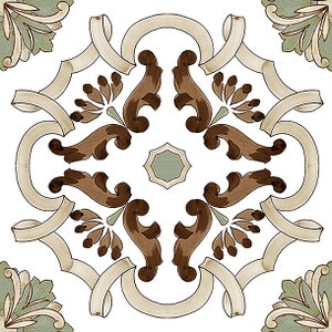 May include: A white tile with a brown and green floral pattern. The pattern is symmetrical and features intricate swirls and leaves.