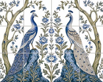 1952 Birds of Yore -Peacock Tile mural kitchen backsplash bathroom ceramic Tile decorative tile chinoiserie tile, blue white tile botanical