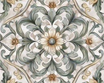 2023 -Botanical Crest - 8x8 6x6 4.25x4.25 - Satin /Gloss - Decorative accent tile, Green Tile, Backsplash Tile, Vintage Tile, Botanical Tile