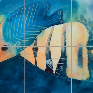 1916 - Blue Fish Mural - 12x18 18x24 24x30 30x36 - 6&quot;X6&quot; Satin White - Fish Mural, Tropical fish tile, Decorative Tile , Tile Mural