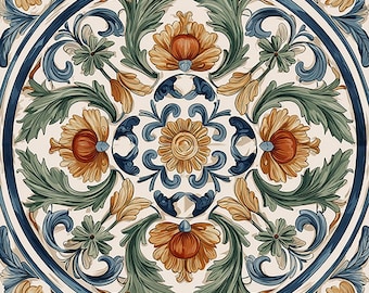 2041-Majolica di Toscana-Italian Majolica Ceramic Tile Tuscan Floral Kitchen Backsplash, Blue Orange Mediterranean Bathroom Wall Accent Tile