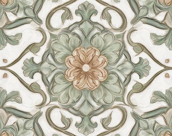 2048-Boho Chic Sage-Sage Green Patterned Ceramic Tile-Botanical Kitchen Backsplash -Vintage Floral Bathroom Tile-Art Nouveau-decorative Tile