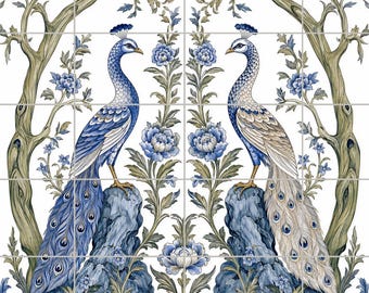 1951-Birds of Yore Square -Peacock Tile Mural Chinoiserie Blue White Botanical Bird Kitchen Backsplash Decorative Ceramic Wall Tile Bathroom