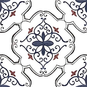 May include: A white tile with a blue and red floral pattern. The design features intricate swirls and a central cross shape.