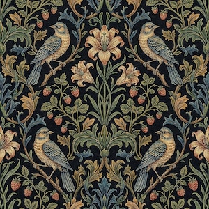 May include: An intricate pattern showcasing birds on branches, with flowers, strawberries, and leaves. The design uses blues, greens, and golds on a dark backdrop, creating a classic, ornate appearance. The theme is nature and vintage, reminiscent of traditional textile designs.