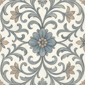 May include: Square tile with a repeating floral pattern. The design features a central blue flower with a tan center, surrounded by swirling blue leaves and tan floral accents against a cream background. The tile has a vintage, hand-painted aesthetic.