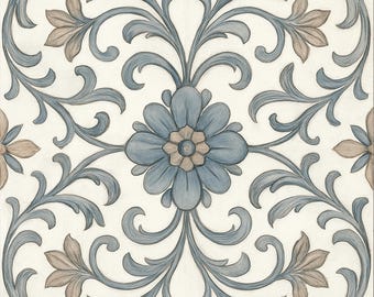 2002 - Provincial Scroll - 8x8 6x6 4.25x4.25- Satin Matte - Decorative Tile - Vintage Tile- patterned ceramic tile - Grey Blue tile