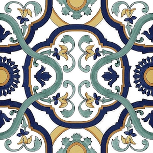 May include: Decorative tile with a repeating pattern. The design features a white background with a repeating pattern of blue, teal, and yellow floral and geometric shapes. The tile has a classic, Mediterranean style.