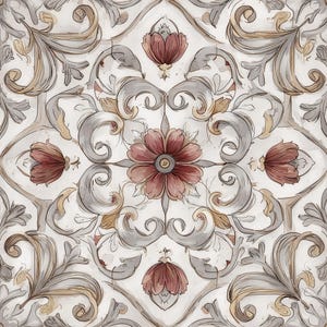 May include: A detailed, symmetrical pattern featuring floral and scroll designs in muted tones of red, gray, and gold against a white background. The artwork has a watercolor effect, with a vintage or antique aesthetic.